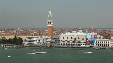 Venice, Italy Aerial View of Grand Canal, San Marco Tower, Square, Bridges Stock Footage
