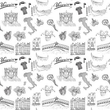 Venice Italy seamless pattern. Hand drawn sketch with map of Italy, gondolas, Stock Illustration