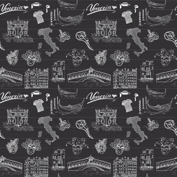 Venice Italy seamless pattern. Hand drawn sketch with map of Italy, gondolas, 스톡 일러스트