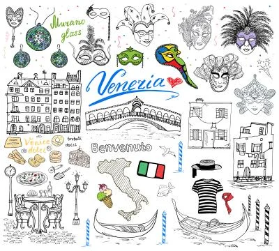 Venice Italy sketch elements. Hand drawn set with flag, map, gondolas gondoli Stock Illustration