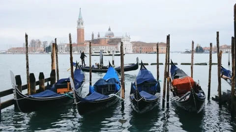 Venice lagoon with moored gondolas Stock Footage 198020014