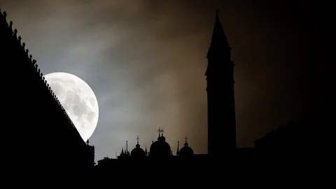 Venice: Piazza San Marco or St Mark's Square by Night with Full Moon, Italy Stock Footage 108767045