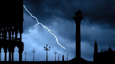 Venice: San Marco Square with Winged Lion and Doge's Palace, Lightning, Italy Stock Footage 116039887