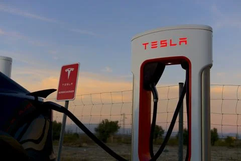 Venta del Peral, Spain - December 2022: Close up of Tesla supercharger stat.. Stock Photos