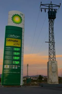 Venta del Peral, Spain - December 2022: Vertical shot BP advertising totem Stock Photos