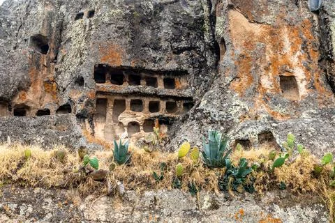 Ventanillas de Otuzco Peruvian archaeological site, cemetery in the rock Foto stock