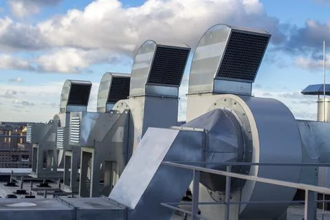 Ventilation and air conditioning system installed on the roof of an office bu Stock Photos