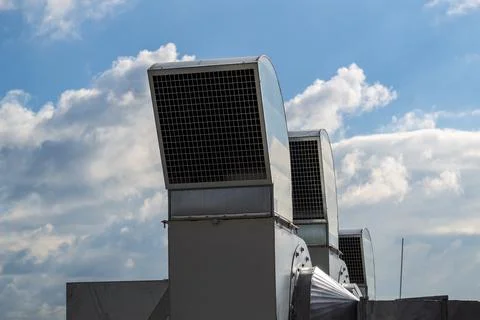 Ventilation and air conditioning system installed on the roof of an office bu Stock Photos