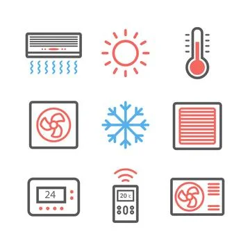 Ventilation and conditioning. Climate control icon set. Vector illustration. Stock Illustration