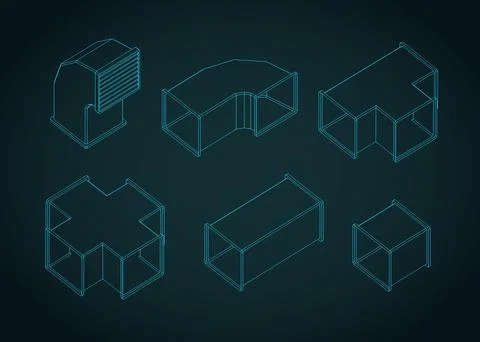 Ventilation duct network elements isometric blueprint vector illustration set Ilustración de archivo