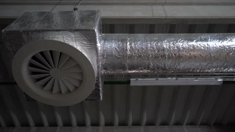 Ventilation ducts inside a large warehouse under construction. Pan 360 Stock Footage 218471463