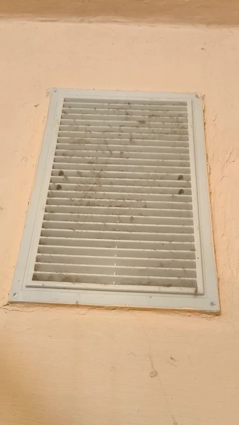 Ventilation grille on the wall with cobwebs in the bathroom Видео 332975223
