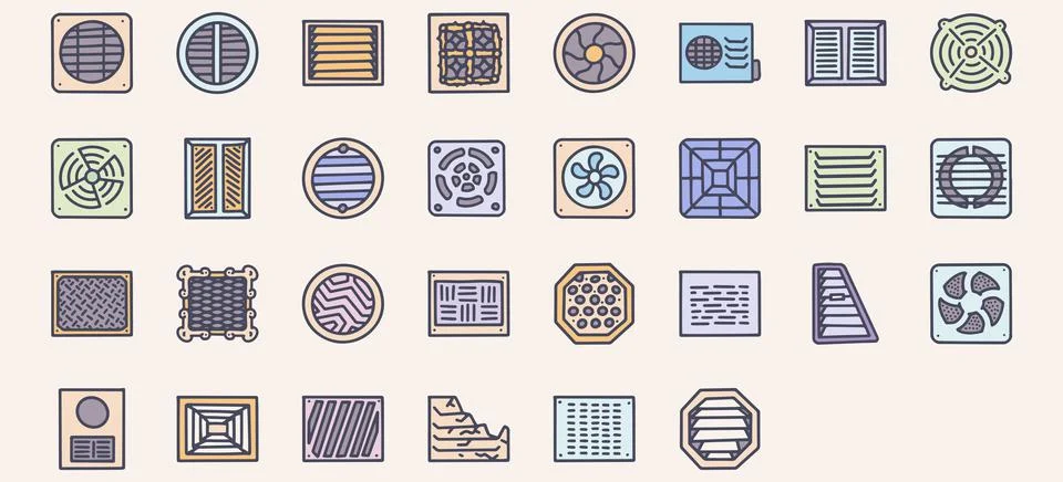 Ventilation panel color vector doodle simple icon set Stock Illustration