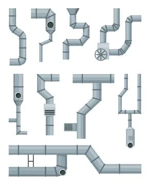 Ventilation pipe set. Vent system elements. Isolated cartoon parts. Air system Stock Illustration
