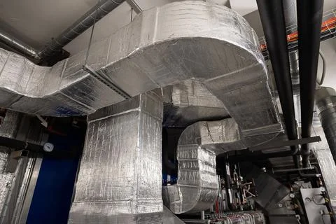 Ventilation rectangular pipes. Infrastructure in a residential building. 스톡 사진