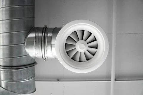Ventilation system on the ceiling of large buildings. Ventilation pipes in Stock Photos
