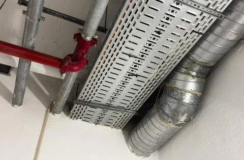 Ventilation system on the ceiling of large buildings. Ventilation pipes in .. Stock Photos