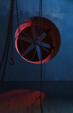 Ventilation system fan with chains and hook. Blue and red futuristic lighting Stock Photos