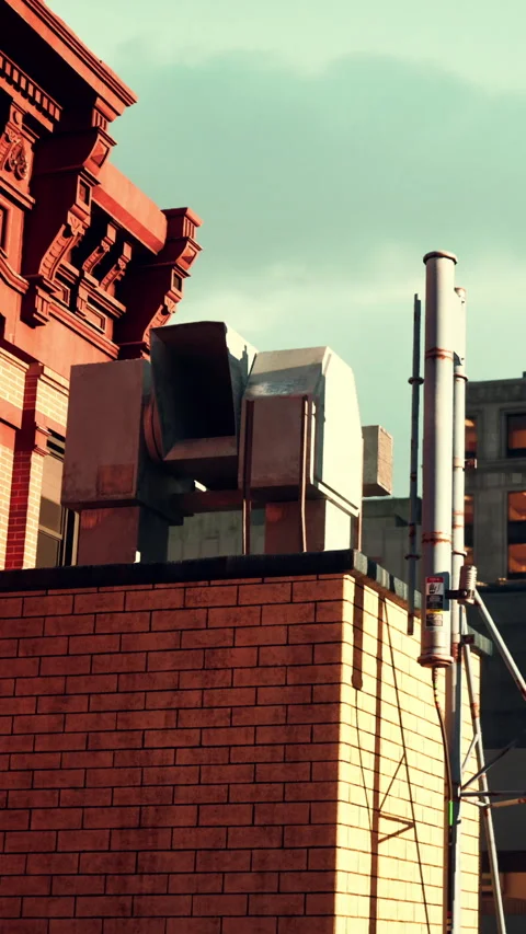 Ventilation system on rooftop of city building during daytime with clouds Stock Footage 338352883