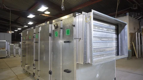 Ventilation system unit, big box with air conditioning, filtering and cleaning. Stock Footage 122559463