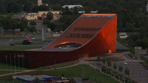Ventspils Library with Modern Angular Design in Urban Latvia Stock Footage 296570943