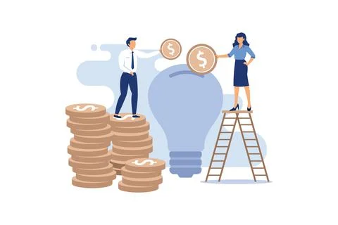 Venture capital. A man standing on a stack of coins, a woman standing on a la Stock Illustration