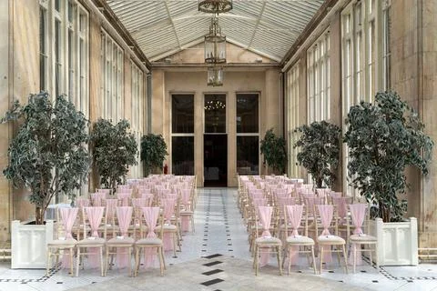 Venue with an array of pink chairs surrounded by potted plants Foto stock