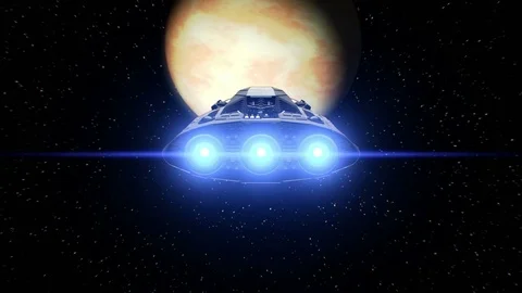 Venus on background, extraterrestrial sci-fi spaceship approaching to Planet Stockbeeldmateriaal 85069069