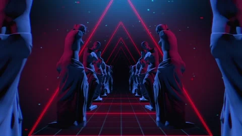 Venus de milo animated statues spinning in triangular VJ tunnel in red and bl Video stock 234317951