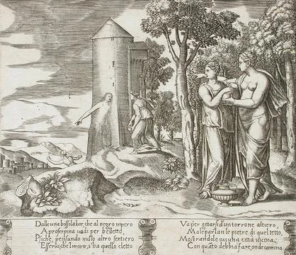 Venus with Psyche pointing to the underworld. Master of the Die (Italy, act.. Stock Illustration