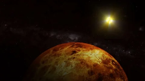 Venus surface planet 3d planet with glowing sun Stock Footage 221911613