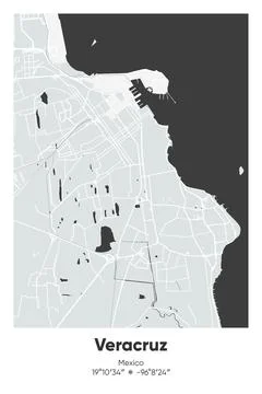 Veracruz, Mexico - vector map of city in Gray, Black, White, BW colors Stock Illustration