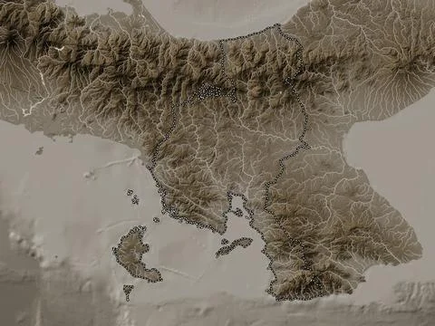 Veraguas, Panama. Elevation map colored in sepia tones with lakes and rivers Stock Illustration
