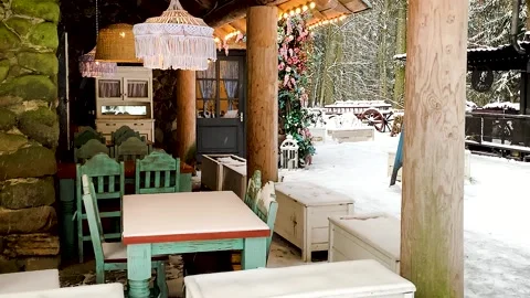 Veranda cafe winter farmhouse rustic Stock-Footage 302786884