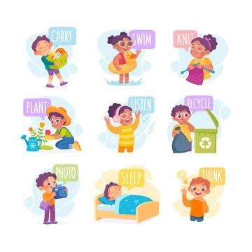 Verbs Study with Little Kid Demonstrating Different Activity Vocabulary Vector イラスト素材