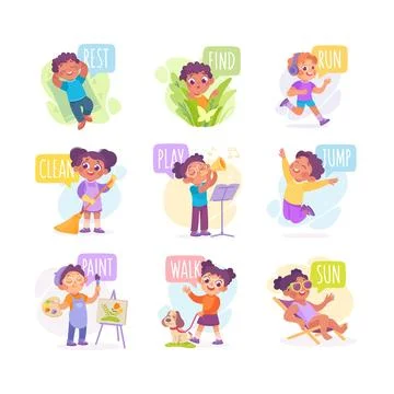 Verbs Study with Little Kid Demonstrating Different Activity Vocabulary Vector Stock Illustration