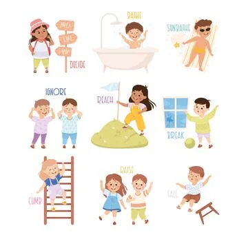 Verbs Study with Little Kids Doing Different Activity Demonstrating Vocabulary Stock Illustration