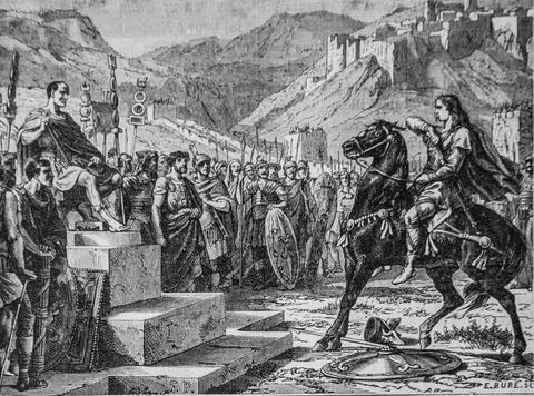 Vercingetorix devant le tribunal de cesar, histoire populaire de frrance par Stock Illustration