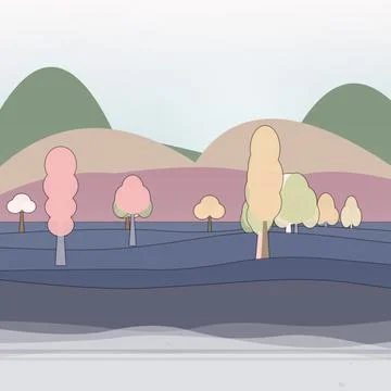 Verdant forest scene backdrop with, mixed woodland trees, and left drift fog Stock Illustration