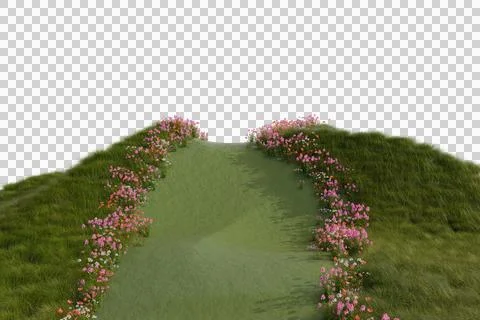 A verdant, grassy path, gently sloping down, is bordered by vibrant pink Stock Illustration
