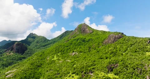 Verdant mountain peak under a clear blue sky. Seychelles, Mahe. Stock Footage 311743615