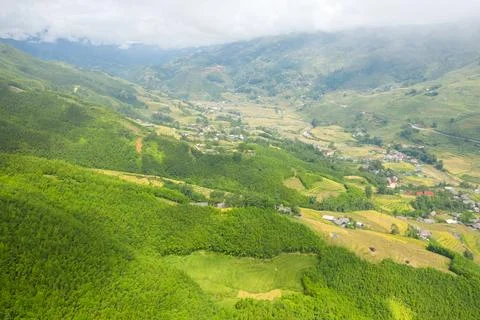 Verdant valley and patchwork fields, Sapa hills Stockfoto's