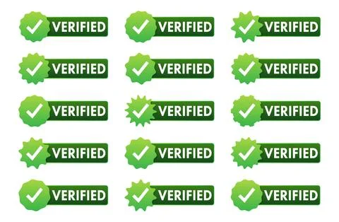 Verified badges with green checkmarks ensuring trust and approval Stock Illustration