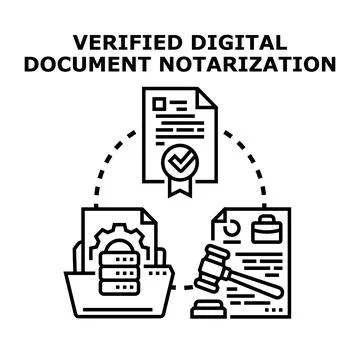 Verified digital document notarization process with data and legal concepts Stock Illustration