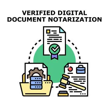 Verified digital document notarization process with data and legal concepts Stock Illustration