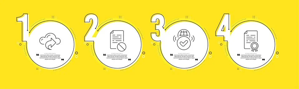 Verified internet, Wrong file and Cloud share icons set. Certificate diploma Illustrazione stock