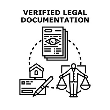 Verified legal documentation process with justice concept Stockillustratie