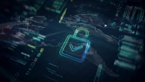 Verified Padlock Icon on Digital World Map HUD Interface Stock Footage 336900808
