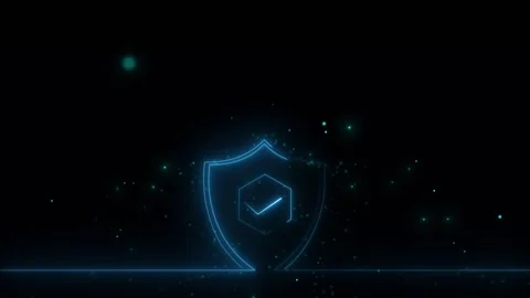 Verified protection shield visual cyan check mark, subtle particle glow, black c Stock Footage 340557524