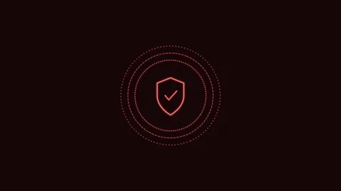 Verified secure shield line icon with check and rotating rings, red neon style 스톡 동영상 342595499